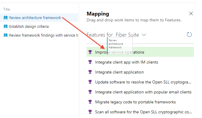 Skärmbild av mappning av användarberättelser under Funktioner med hjälp av mappningsverktyget.