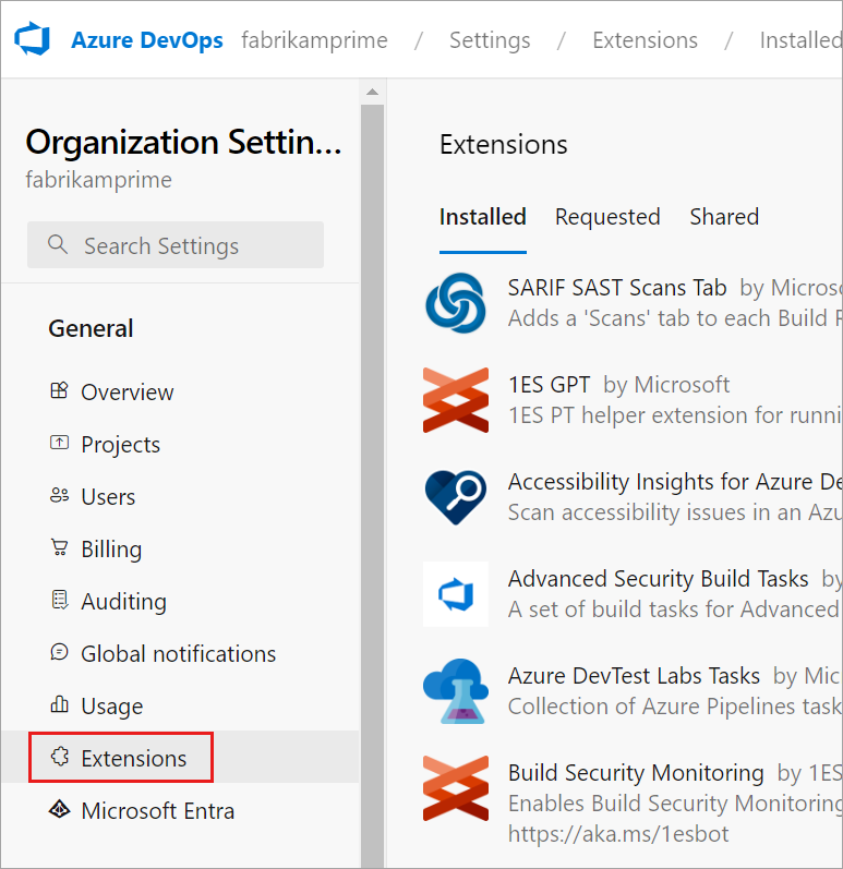 Skärmdump av organisationsinställningarna, sidan Tillägg.