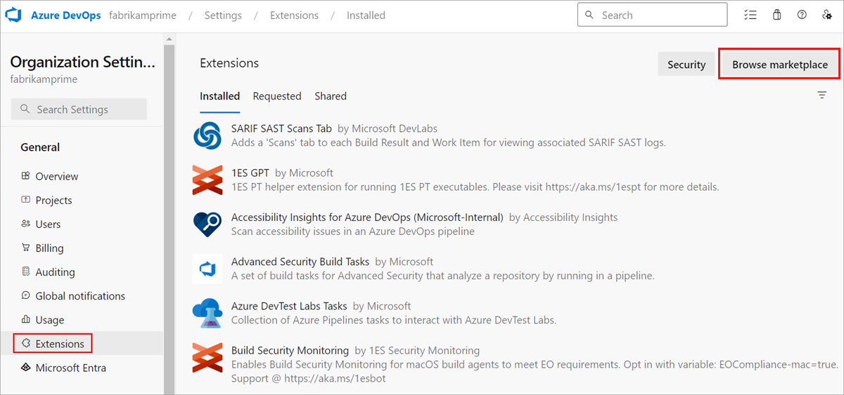 Skärmbild som visar tillägg och bläddra bland marketplace-knappar.