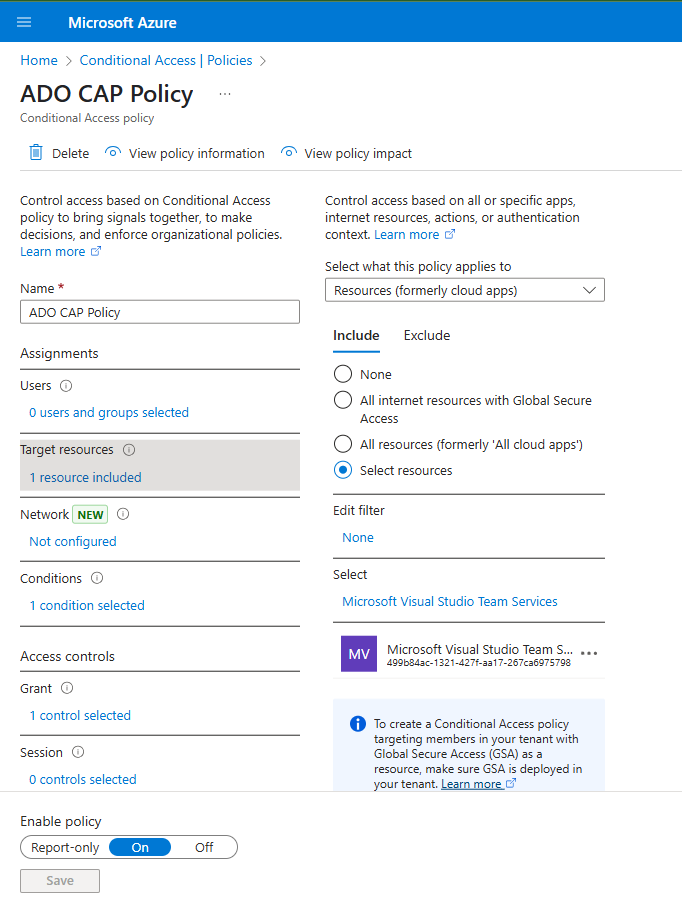Microsoft Entra administrationscenter som visar hur du lägger till Azure DevOps som en målresurs i en ny princip för villkorsstyrd åtkomst.