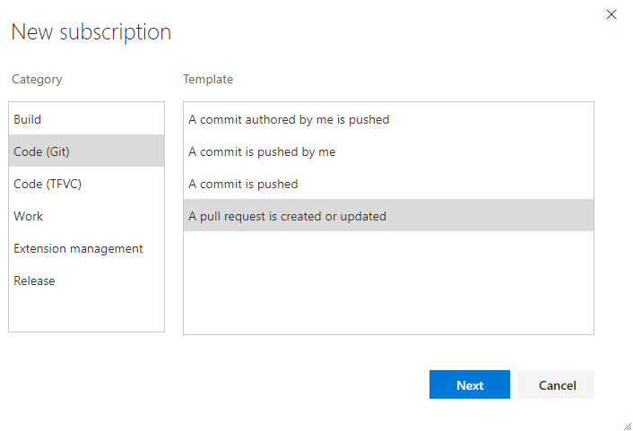 Screenshot som visar hur du väljer kategori- och malltyp för en ny meddelandeprenumeration i tidigare versioner av Azure DevOps.