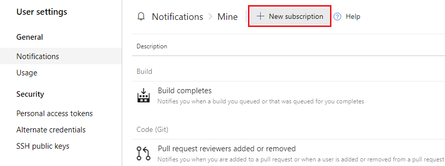 Screenshot som visar hur du väljer alternativet Ny prenumeration i tidigare versioner av Azure DevOps.