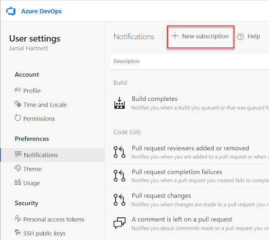 Screenshot som visar hur du väljer alternativet Ny prenumeration i Azure DevOps.