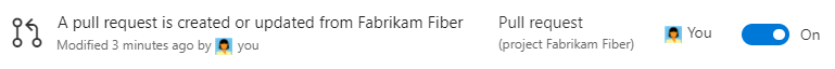 Screenshot som visar den nya prenumerationen i listan över personliga meddelandeprenumerationer i tidigare versioner av Azure DevOps.