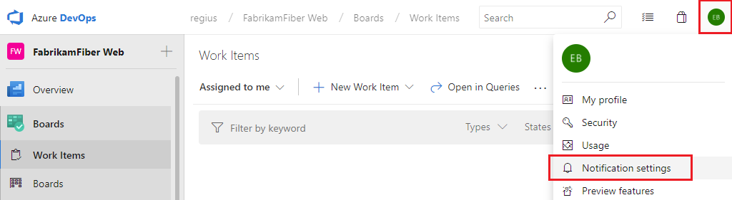 Screenshot som visar hur du väljer alternativet Användarinställningar, Meddelanden i tidigare versioner av Azure DevOps.