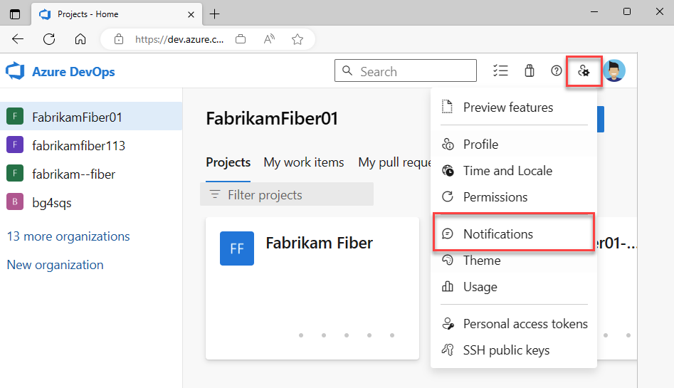 Screenshot som visar hur du väljer alternativet Användarinställningar, Meddelanden i Azure DevOps.
