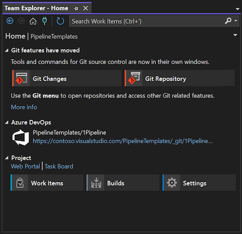 Skärmbild av startsidan för Team Explorer som visar Git som form av källkontroll i Visual Studio 2022.
