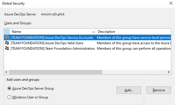 Skärmbild av dialogrutan Azure DevOps Säkerhetsgrupp.
