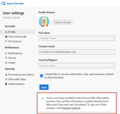 Skärmbild som visar Microsoft Entra-profilinformation på profilsidan.