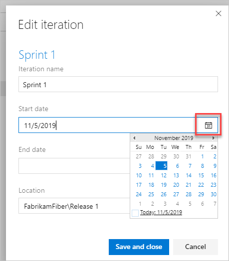 Skärmbild av sidan Iterations och kalenderikonen för att välja nya datum.
