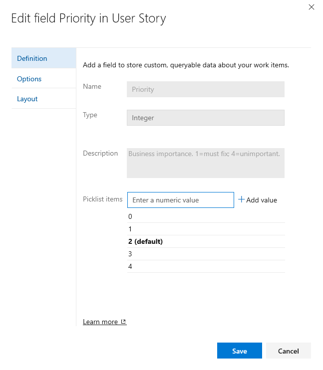 Edit field Priority in User STory dialog, Definition tab.