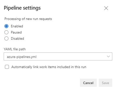 Skärmbild av sidan för pipelineinställningar.