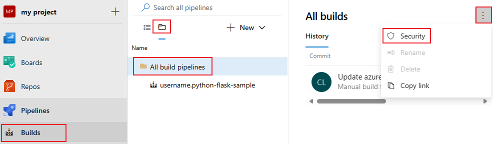 Skärmbild som visar alla säkerhetsval för pipelines.