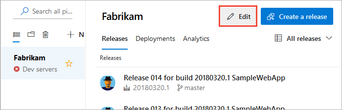 En skärmdump som visar redigeringsknappen för releasepipelines.