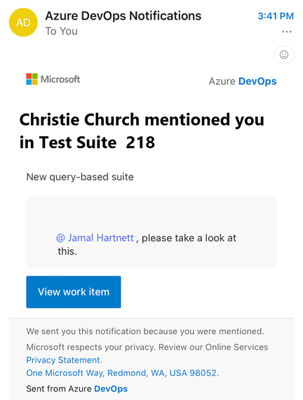Skärmbild av e-postavisering i Azure DevOps för e-post som tas emot i mobilklienten.