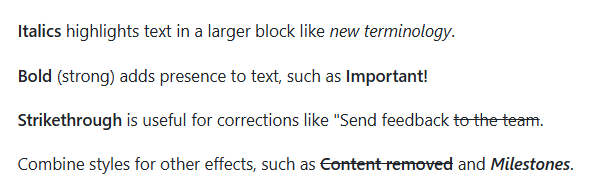 Skärmbild av den publicerade vyn med Markdown-textens betoningstilar.