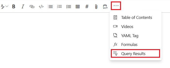 Skärmbild som visar hur du väljer Frågeresultat på menyn Fler alternativ för att bädda in frågeresultatet som en tabell på wiki-sidan.