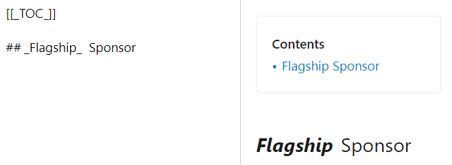Skärmbild som visar hur publiceringssystemet ignorerar extra formatering för en rubrik när posten för innehållsförteckningen skapas.
