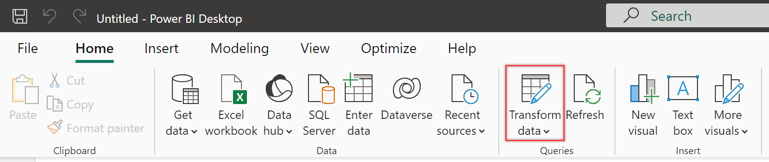Skärmbild av power BI Desktop, fliken Start, markerad knappen Transformera data i avsnittet Frågor.