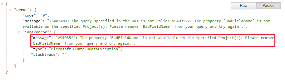 Skärmbild som visar JSON-felet för Visual Studio Code OData-tillägget.