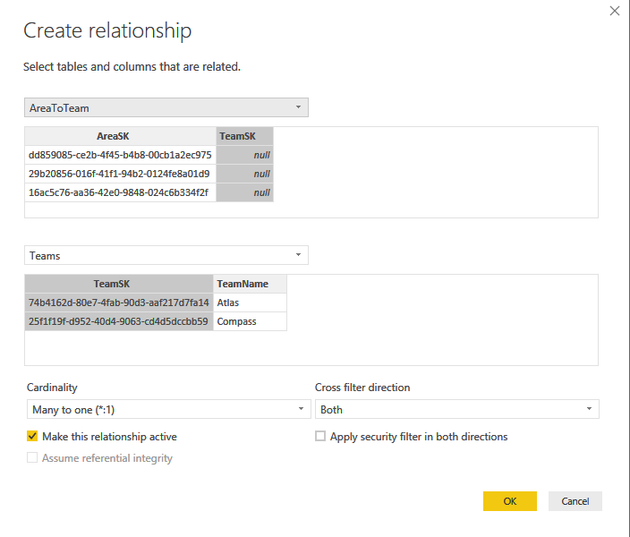Power BI Desktop, Home, Hantera relationer, AreaToTeam och Teams Mapping