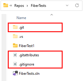 Skärmbild av Git-mappen, Git Ignore-filen och Git-attributfilen i Utforskaren i Windows.