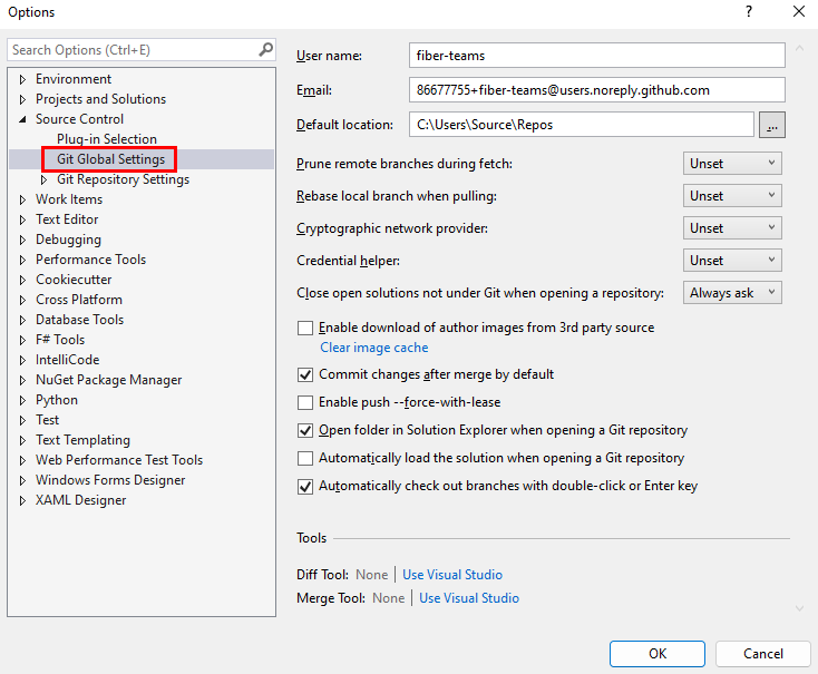 Skärmbild av Git Global Inställningar i dialogrutan Alternativ i Visual Studio.