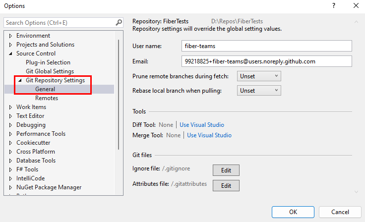 Skärmbild av Git-lagringsplatsen Inställningar i dialogrutan Alternativ i Visual Studio.