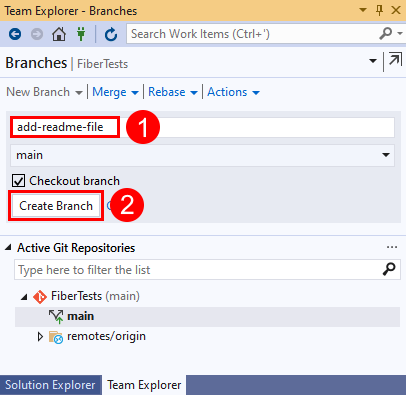 Skärmbild av grennamnstexten och knappen Skapa gren i Visual Studio 2019.