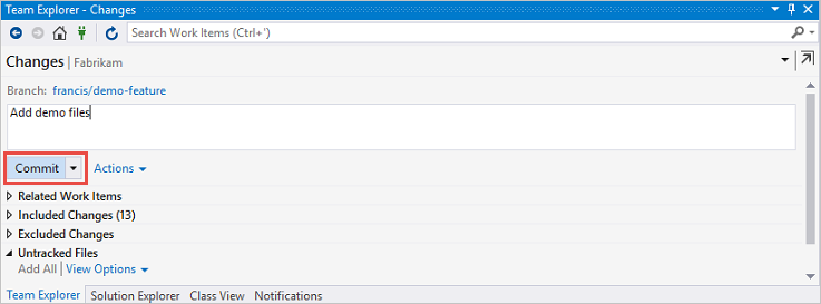Skapa en Git-commit i Team Explorer