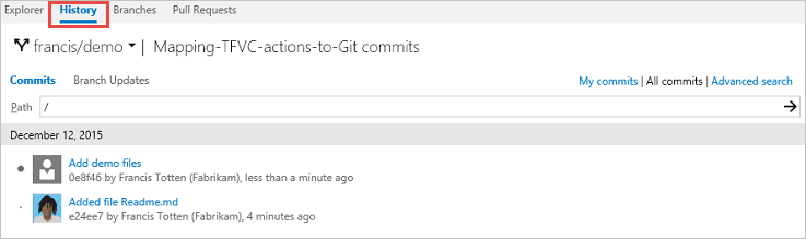 Visa grenhistorik i Azure Repos