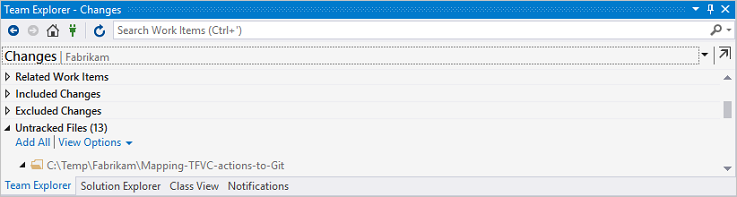 Visa spårade och ospårade ändringar i Team Explorer