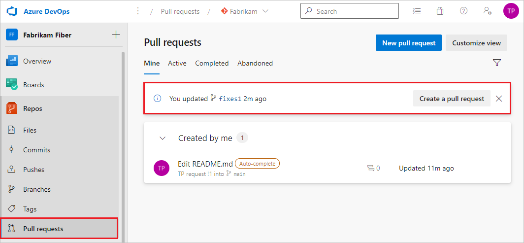 Skärmbild som visar uppmaningen att skapa en P R på fliken Pull-begäranden i Azure-lagringsplatser.