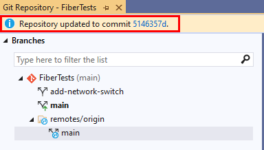 Skärmbild av bekräftelsemeddelandet för sammanslagning i Git-lagringsplatsens fönster i Visual Studio 2019.
