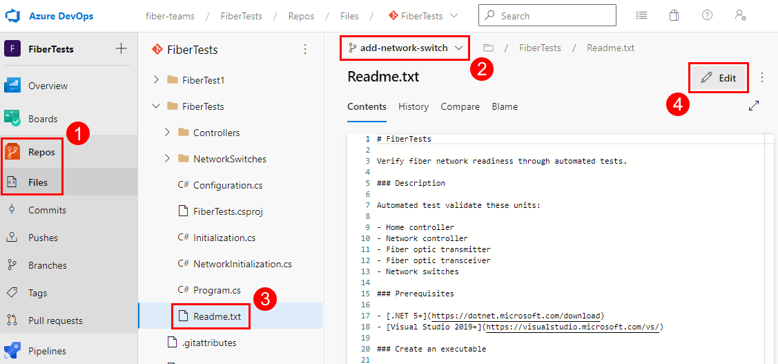 Skärmbild av knappen Redigera för att uppdatera en fil i Azure Repos.