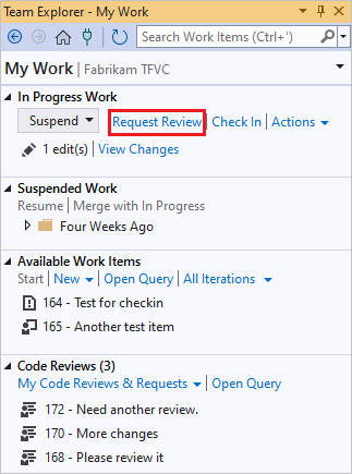 Skärmbild av länken Förfrågningsgranskning från sidan Mitt arbete i Team Explorer.