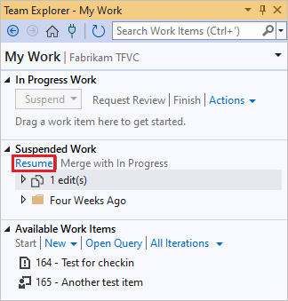 Skärmbild som visar länken Återuppta på sidan Mitt arbete i Team Explorer.