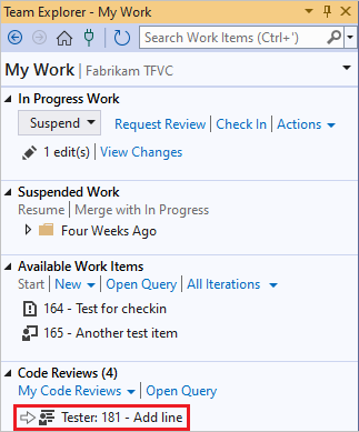 Skärmbild av en granskningsbegäran på sidan Mitt arbete i Team Explorer.
