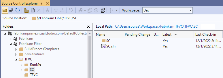 Skärmbild som visar lösningen i Source Control Explorer.