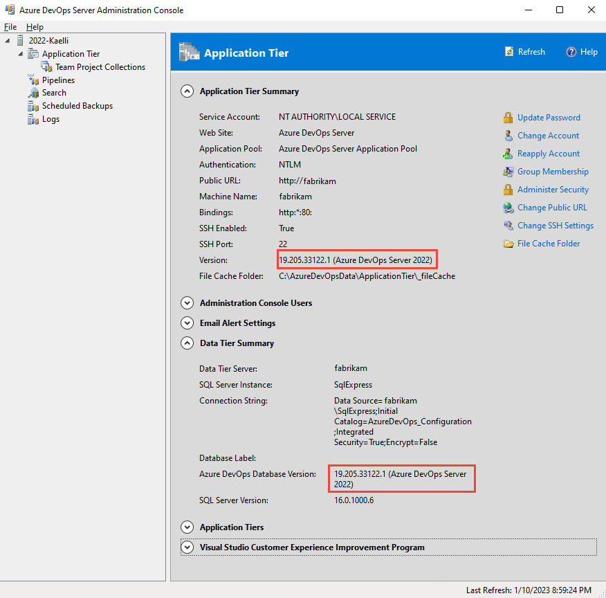 Skärmbild av Administrationskonsolen för Azure DevOps Server, sidan Programnivå, 2022.