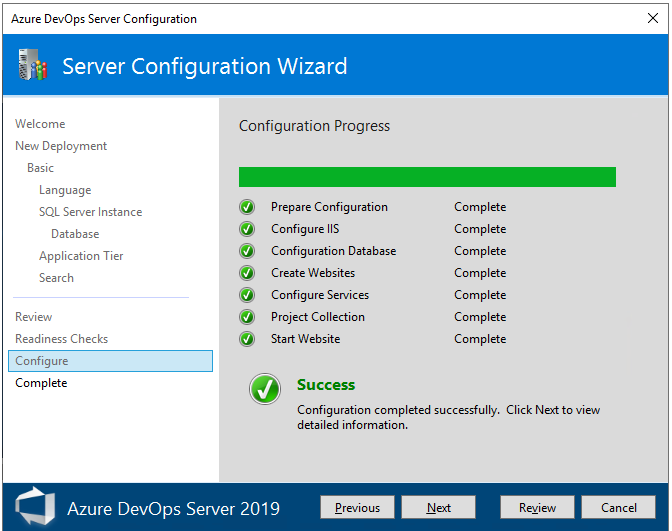 Screenshot of configuration progress, 2019.