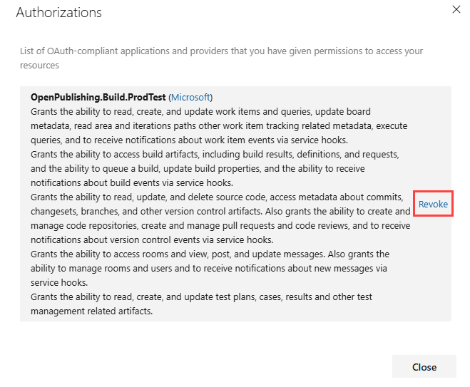 Skärmbild av dialogrutan Auktoriseringar. En lista med behörigheter visas och en återkalla-länk är markerad.