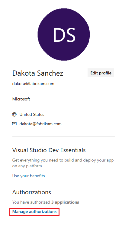 Skärmbild av en Visual Studio-profilsida med kontaktinformation för en användare. I avsnittet Auktoriseringar är Hantera program markerat.