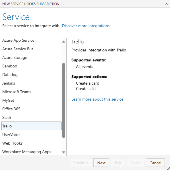 Skärmbild av dialogrutan Tjänst. Många tjänster visas, Trello har valts och en beskrivning av Trello visas.