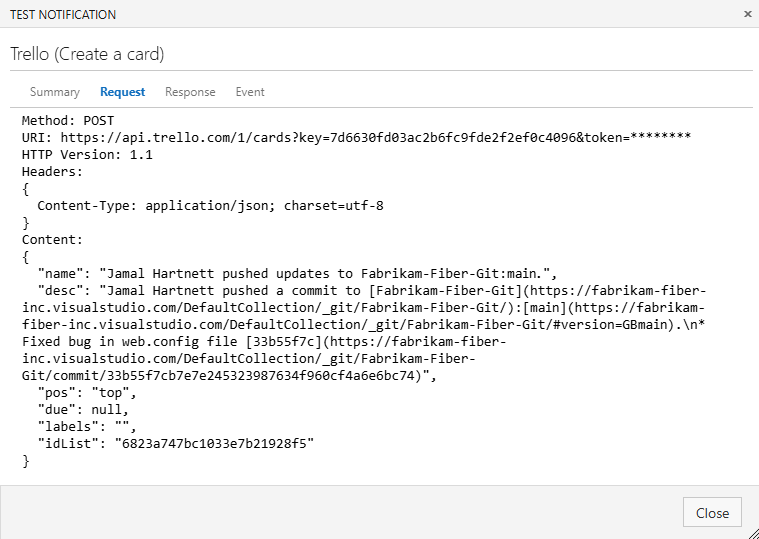 Skärmbild av fönstret Testavisering. Fliken Begäran visar en POST-begäran till Trello med information om en commit som pushades.