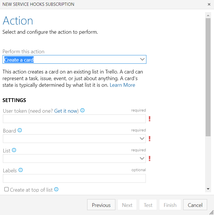 Skärmbild av dialogrutan Åtgärd. Skapa ett kort är markerat. Fält är tillgängliga för att ange en token, en tavla och andra inställningar.