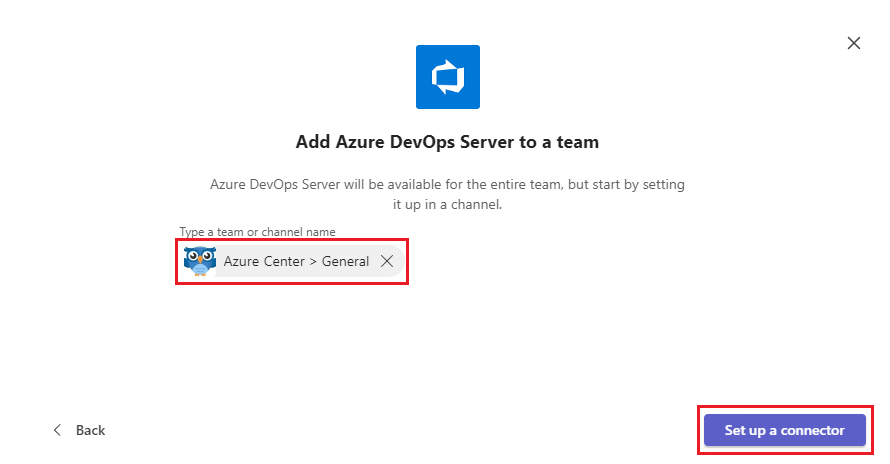 Skärmbild som visar hur du väljer Konfigurera en anslutningsapp för Azure DevOps Server i Teams.