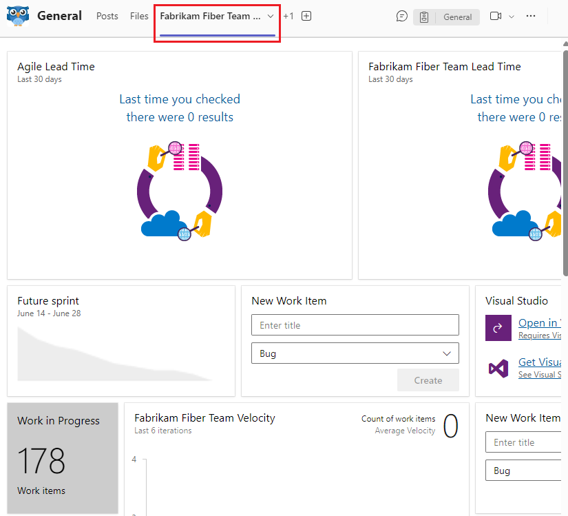 Skärmbild som visar en instrumentpanel för ett Azure DevOps-projekt i Teams.