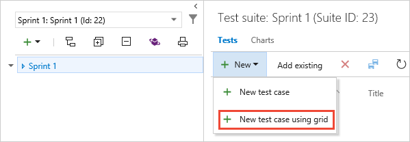 Skärmbild som visar hur du skapar nya testfall med hjälp av rutnätet.