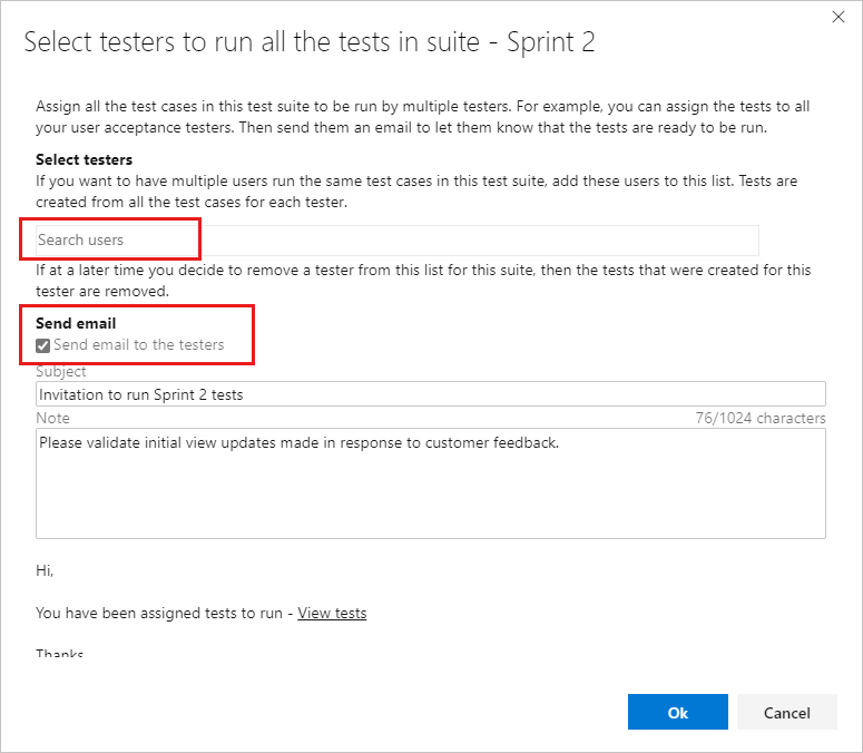 Skärmbild som visar dialogrutan Tilldela testare för att köra alla tester med Sök användare och Skicka e-post framhävt.